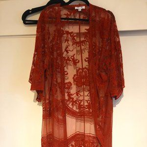 She + Sky Orange Lace Long Kimono